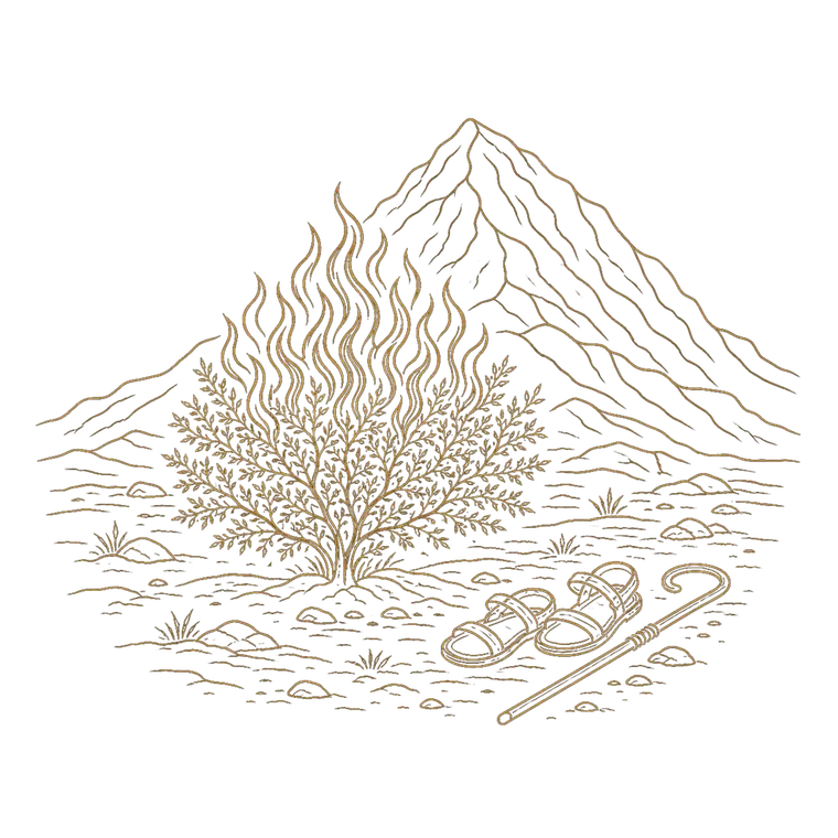The Burning Bush, an Orthros gold engraving-line scene: the bush aflame yet unconsumed on the mountain.