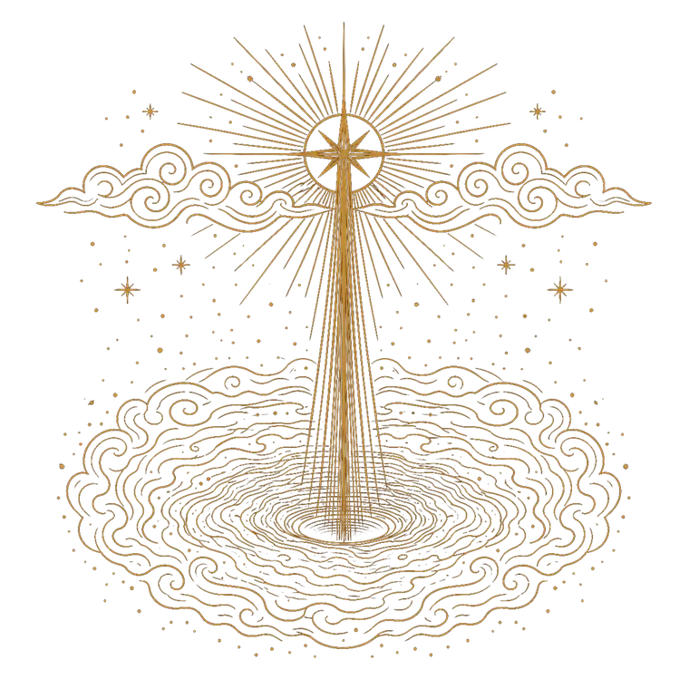 In the Beginning, an Orthros gold engraving-line scene: light divided from darkness over the deep.
