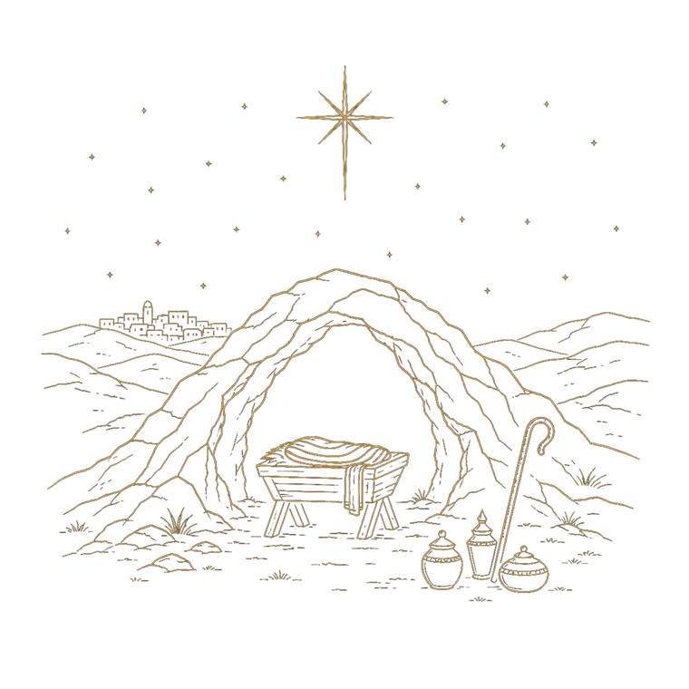 The Nativity, an Orthros gold engraving-line scene: the star's light descending upon the cave.