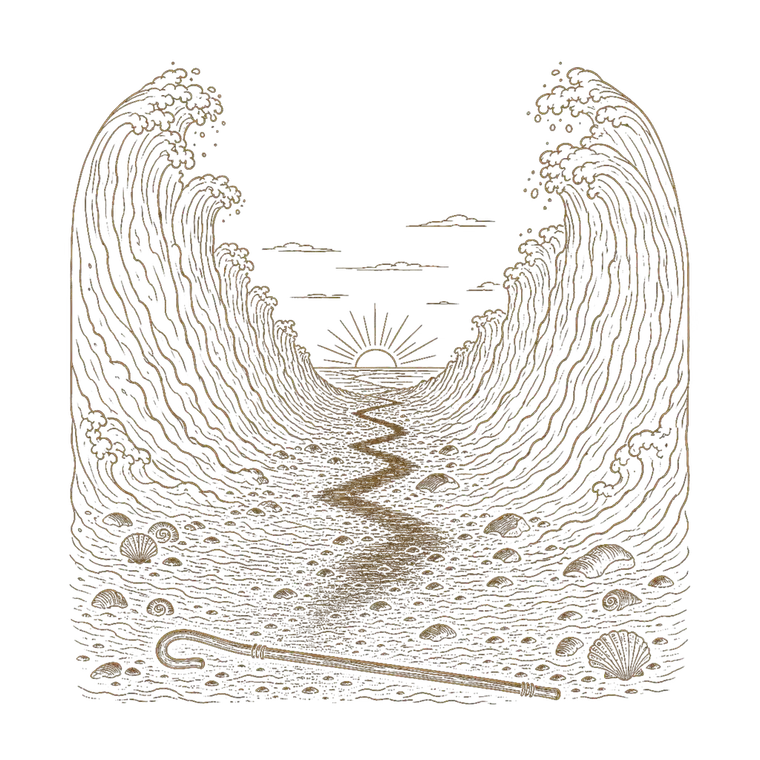The Red Sea, an Orthros gold engraving-line scene: the waters standing as walls beside the dry path.