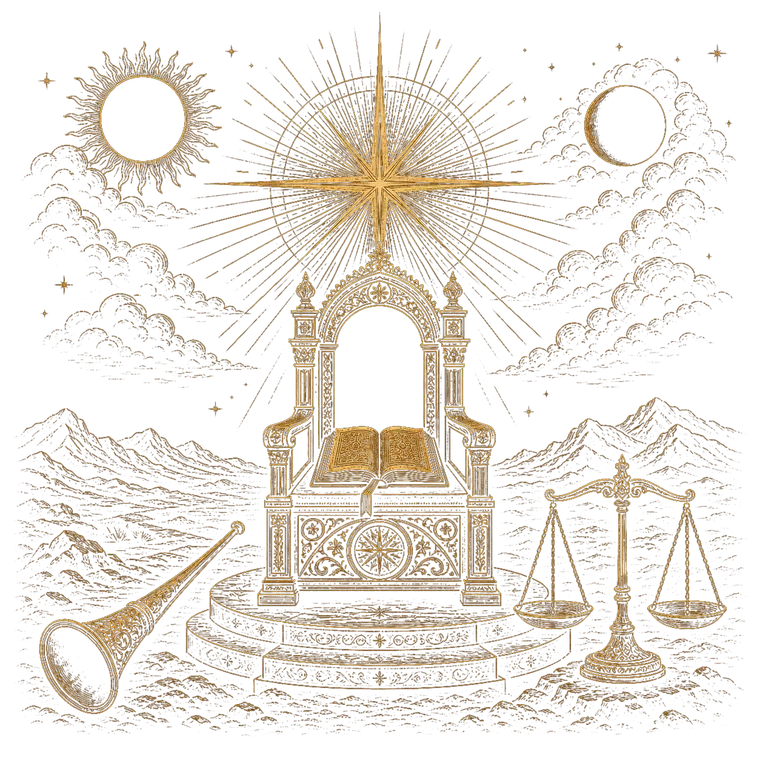 The Second Coming, an Orthros gold engraving-line scene: the throne prepared beneath the opened heavens.