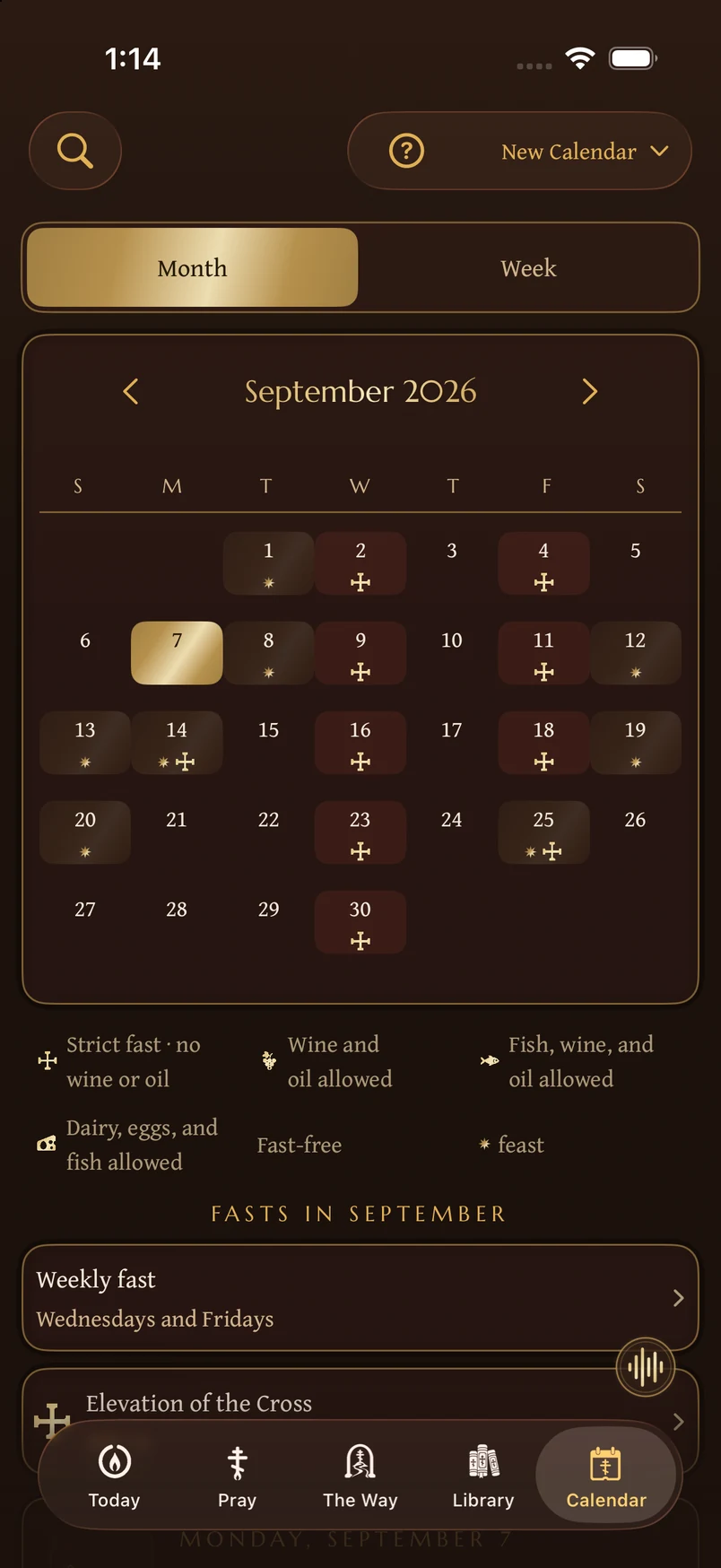 September 2026 in the New Calendar, with Month and Week controls, September 7 selected, and labeled fasting marks.