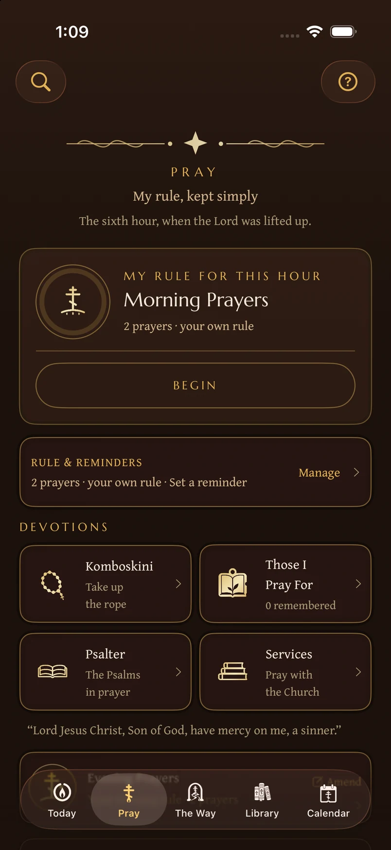 Pray in Vigil with a two-prayer example rule, a separate Begin button, Rule & Reminders, and devotions.