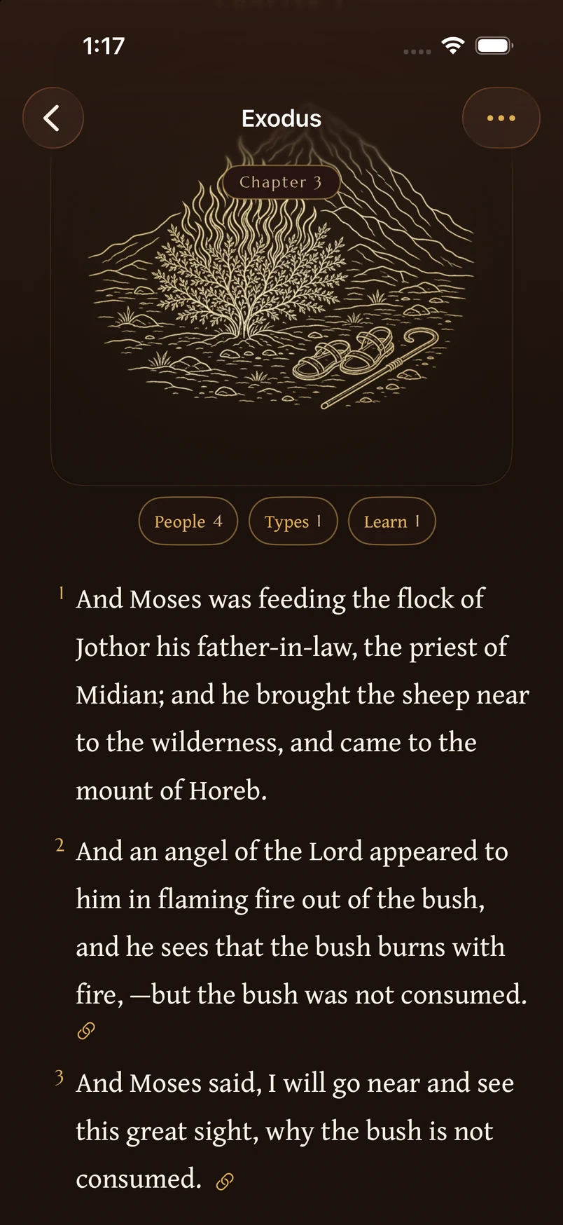 The current Scripture reader at Exodus 3 in Brenton’s Septuagint, with the burning bush illustration, reading text, and source connection controls.