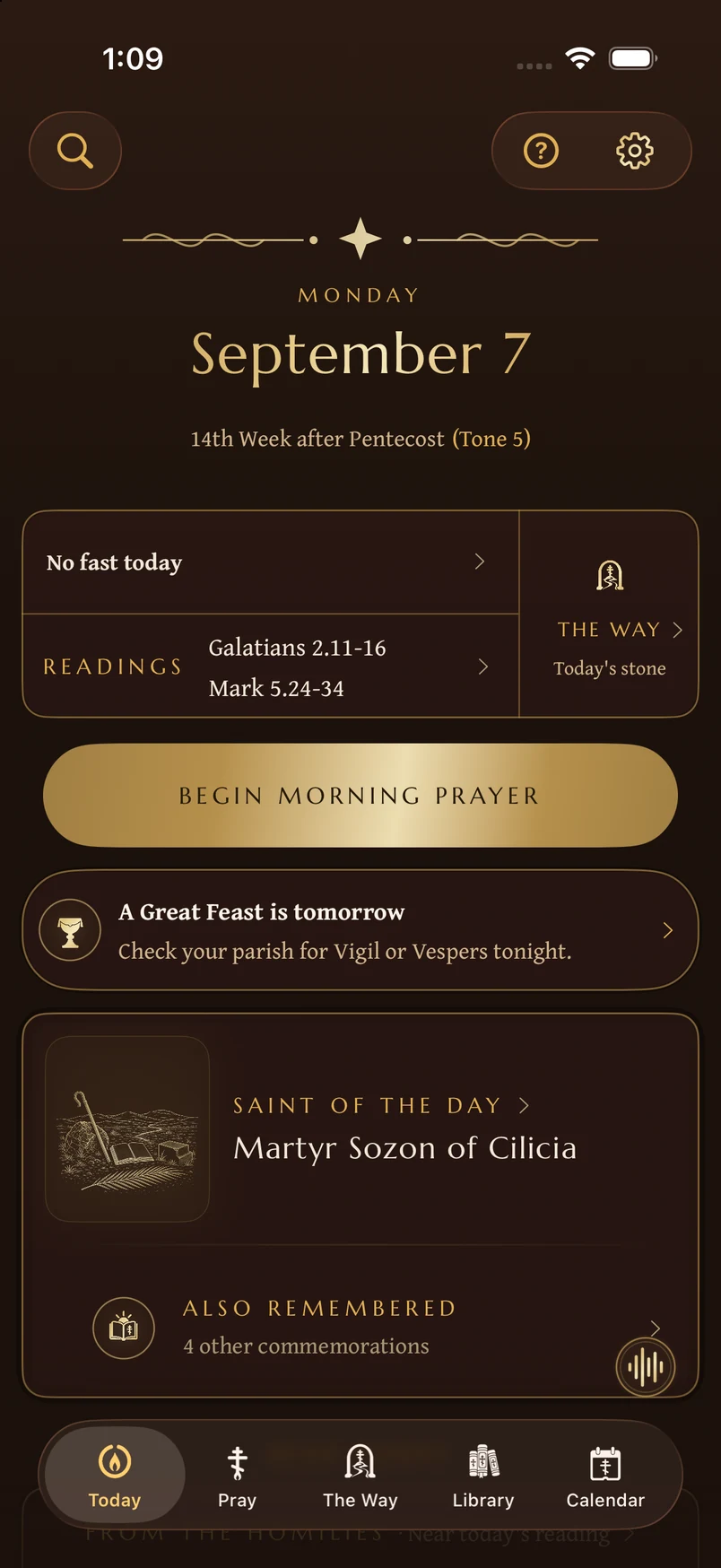 The Today screen in the dark Vigil theme: the date, a gold Begin Morning Prayer button, the saint of the day, the fast, and the appointed readings.